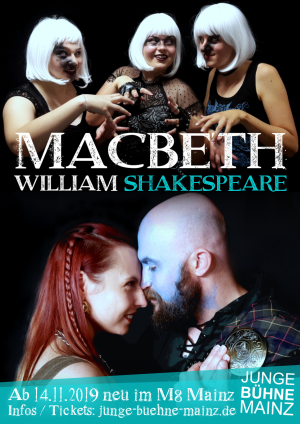 Plakat: "Macbeth" - Fotocollage mit Macbeth, Lady Macbeth und den drei Hexen