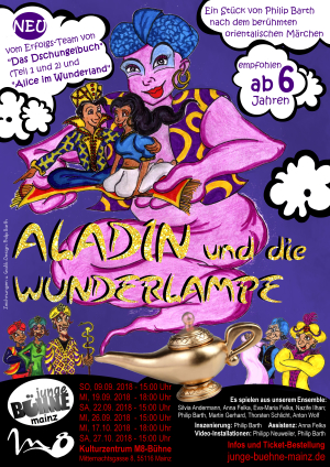 Plakat: "Aladin" mit allen Figuren im Comic-Stil gezeichnet